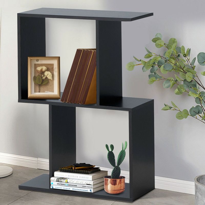 Costway 2-tier S-Shaped Bookcase Free Standing Storage Rack Wooden Display Decor Black, 3 of 11