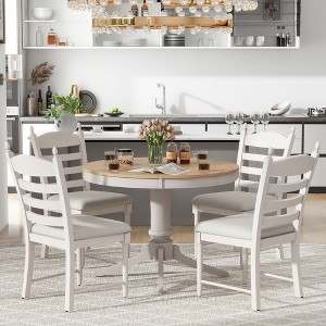 CAVINAS Round Dining Table Set for 4 Retro Wood Round Extendable Dining Table with 4 Upholstered Chairs for Dining Room - 1 of 4