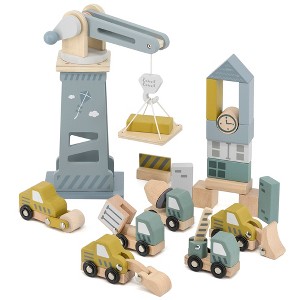 Label Label: Wooden Construction Site Play Set-13 Blocks, 6 Vehicles-Ages 3+ - 1 of 4