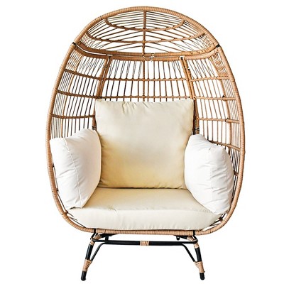 SUGIFT Wicker Egg Chair Oversized Indoor Outdoor Patio Lounger with Steel Frame, 440lb Capacity, Beige