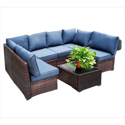 Nertpow 6 Piece Patio Furniture Set - PE Wicker Long Sofa with Barrel-Shaped Design - Durable, Comfortable and Stylish Outdoor Seating Solution,Blue