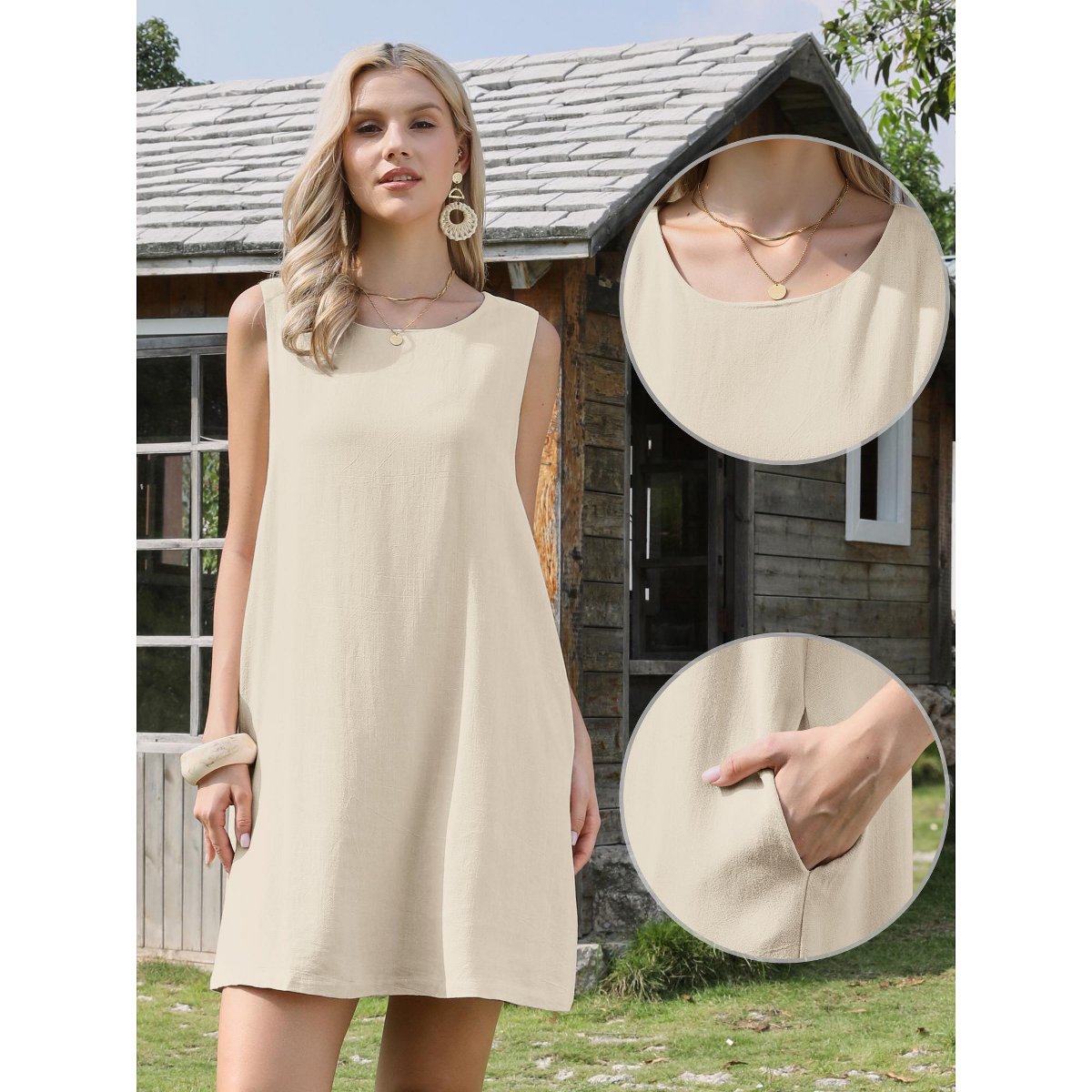 Женские платья INSPIRE CHIC Women's Sleeveless Linen Summer Crew Neck Casual A-Line Mini Dresses Medium Beige — фото 2