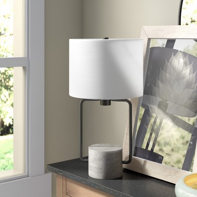 Hudson and Canal 22" Tall Table Lamp: Industrial Design, Concrete Base, Bronze Hardware, White Drum Shade