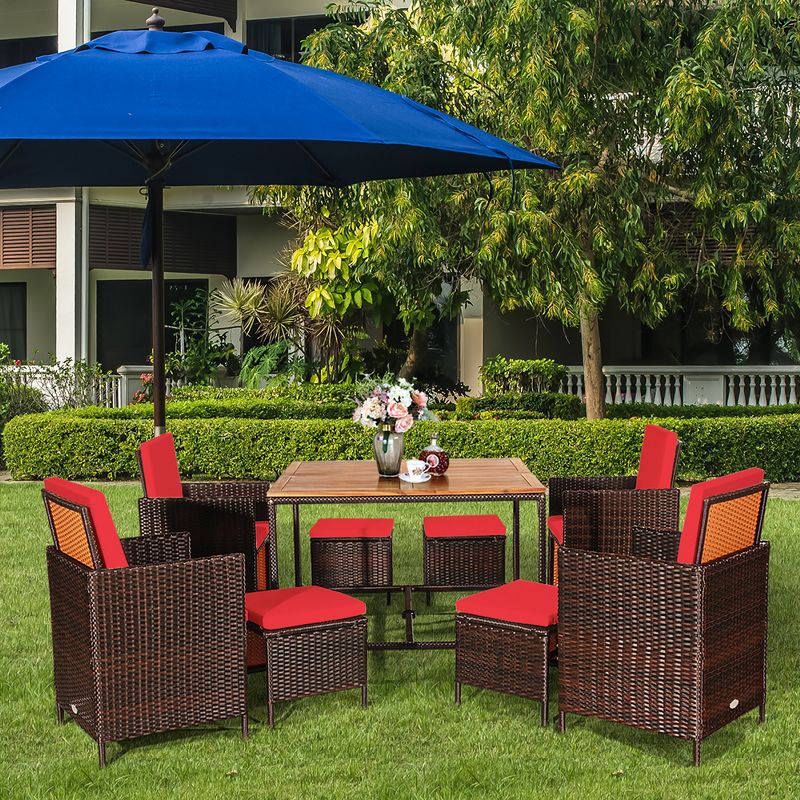 Costway 9PCS Patio Rattan Dining Set Cushioned Chairs Ottoman Wood Table Top White\Red, 3 of 13