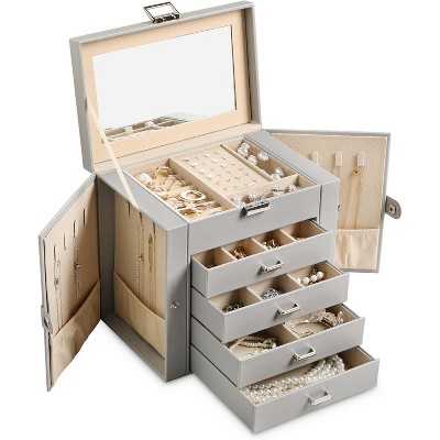 6-Tier Jewelry Box with Mirror, 5 Drawers, PU Leather Organizer