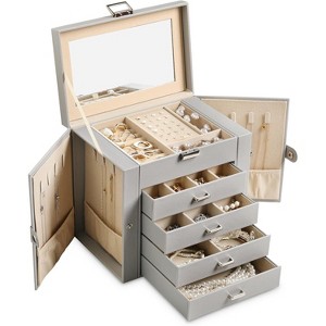 6-Tier Jewelry Box with Mirror, 5 Drawers, PU Leather Organizer - 1 of 4