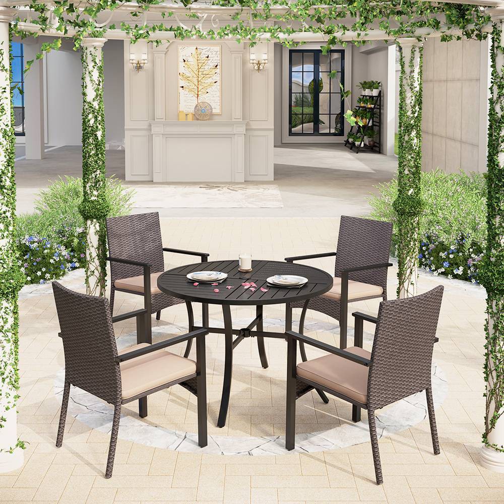 Photos - Dining Table 5pc Outdoor Dining Set with Large Wicker Chairs with Cushions & Round Meta