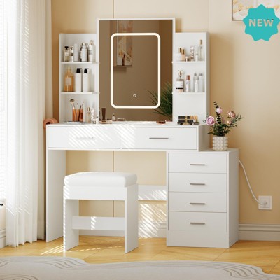 Jojoka Makeup Vanity with Mirror, 6 Drawers & Shelves, Charging Ports, Hairdryer Holder & Stool, 3-Color Adjustable Lights for Bedroom