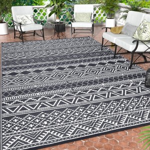 Reversible Outdoor Plastic Straw Rug - Waterproof Bohemian Area Mat for Patio, RV, Balcony, Camping, Easy Clean Picnic Mat - 1 of 4