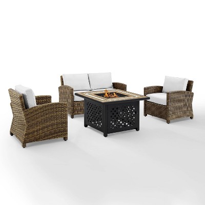 Bradenton 4pc Outdoor Conversation Set with Loveseat, 2 Arm Chairs & Tucson Fire Table - Weathered Brown/White - Crosley