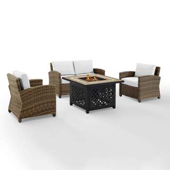 Bradenton 4pc Outdoor Conversation Set with Loveseat, 2 Arm Chairs & Tucson Fire Table - Weathered Brown/White - Crosley