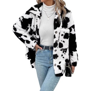 Women's Cow Print Double-Sided Fleece Button Cardigan Pocket Coat - 1 of 4