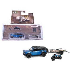 2021 Ford Bronco Black Diamond Velocity Blue Met. with Black Top w/Trailer and Motorcycle 1/64 Diecast Model Cars by Greenlight - 1 of 4