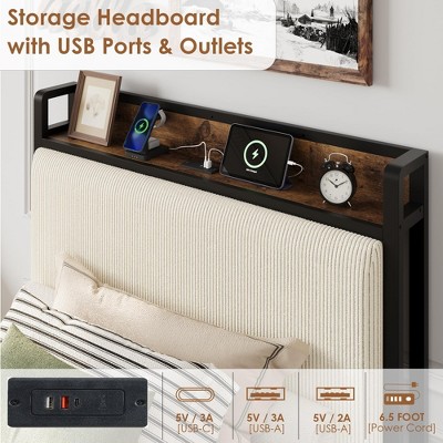 Storage headboard with USB ports & outlets panel