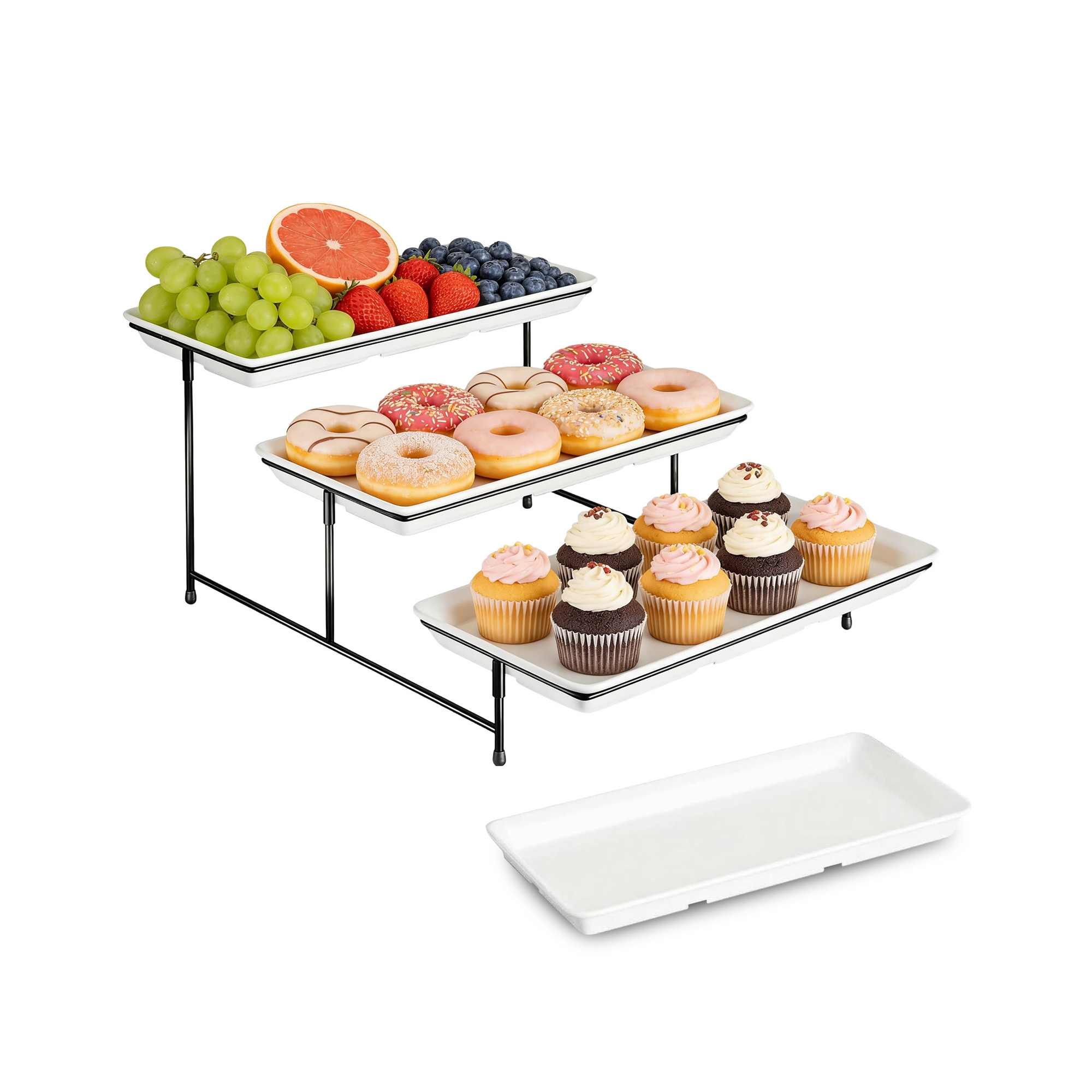 4-Tier White Melamine Snack Cake Stand Set 14"x7" with Black Foldable Metal Rack, Serving Tray for Party Dessert