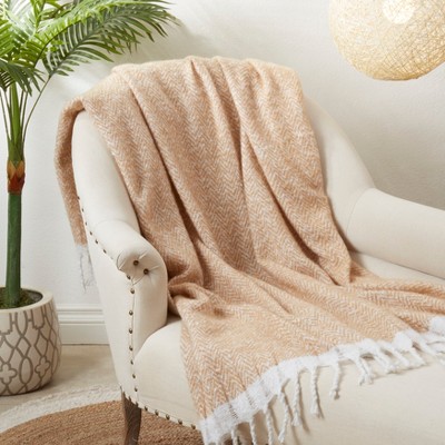 Natural Faux Mohair Herringbone Fringed Throw Blanket