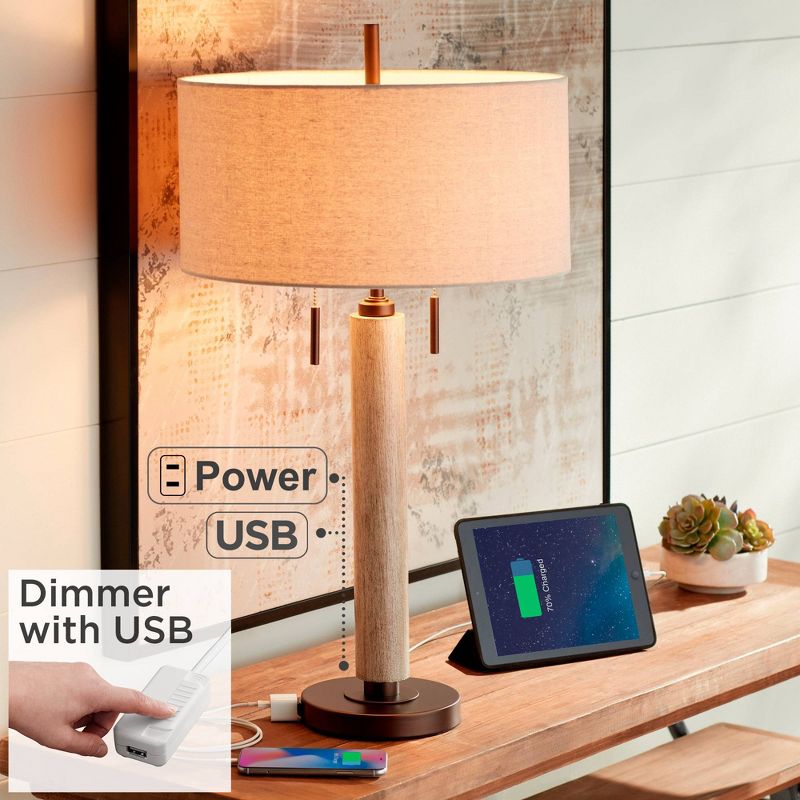 Franklin Iron Works Mid-Century Modern Table Lamp with USB Charging Port 28.5" Tall Whitewashed Wood Fabric Drum Shade Living Room Bedroom, 2 of 10