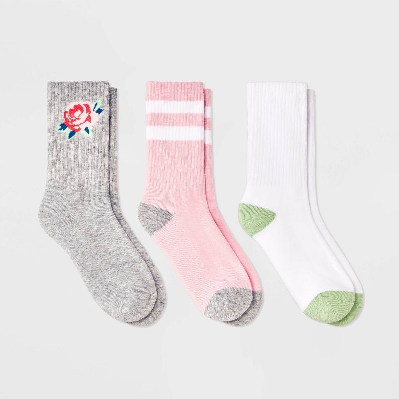 Girls' 3pk Rose Crew Socks - art class™ Gray/Pink/White, 1 of 9