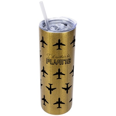 Elanze Designs Vegas Gold 20 Ounce Double Wall Stainless Steel Glitter Travel Tumbler With Sliding Lid And Straw, I'd Rather Be Flying