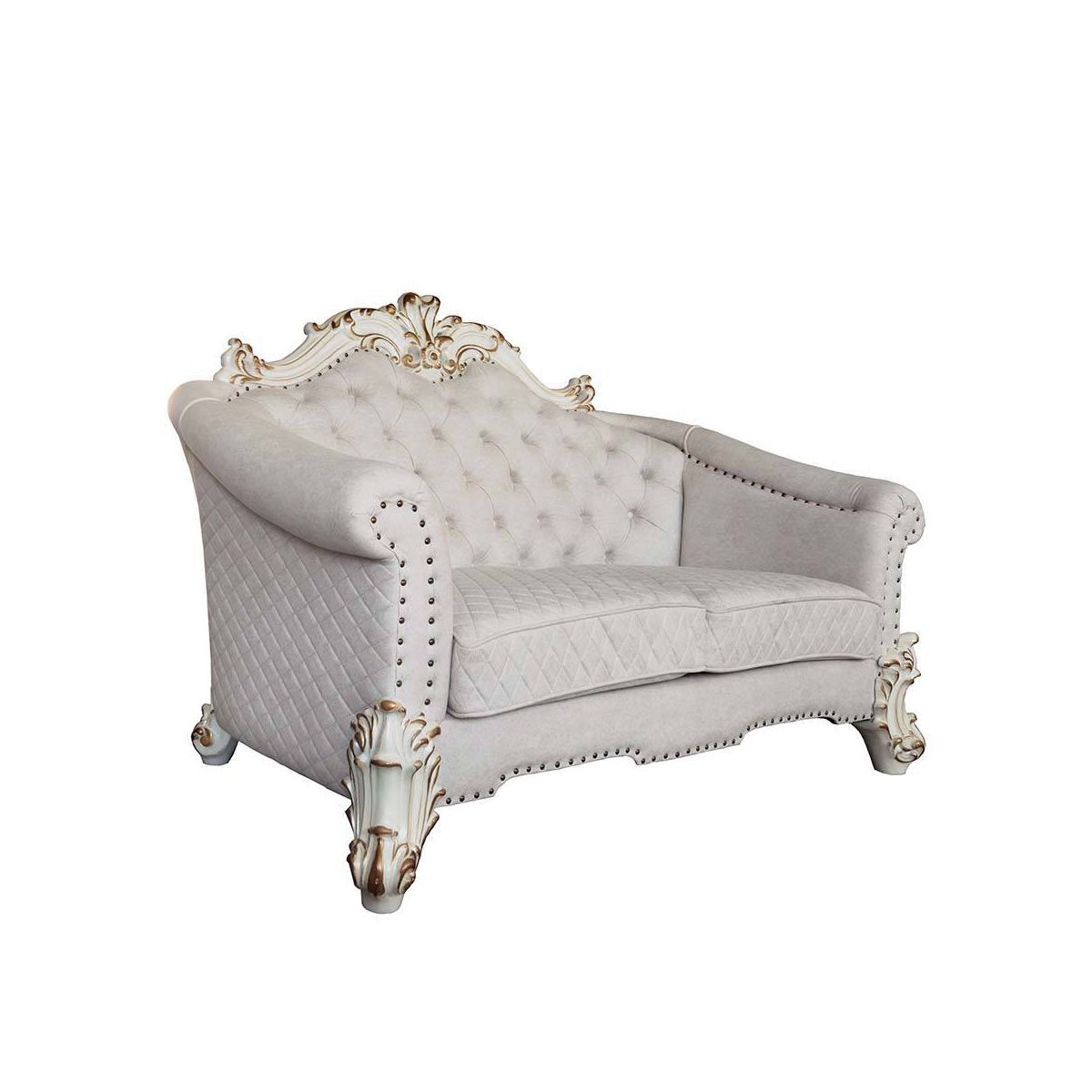 66" Vendome II Sofas Two Tone Ivory Fabric and Antique Pearl Finish - Acme Furniture: Elegant Leather Upholstery, Nailhead Trim