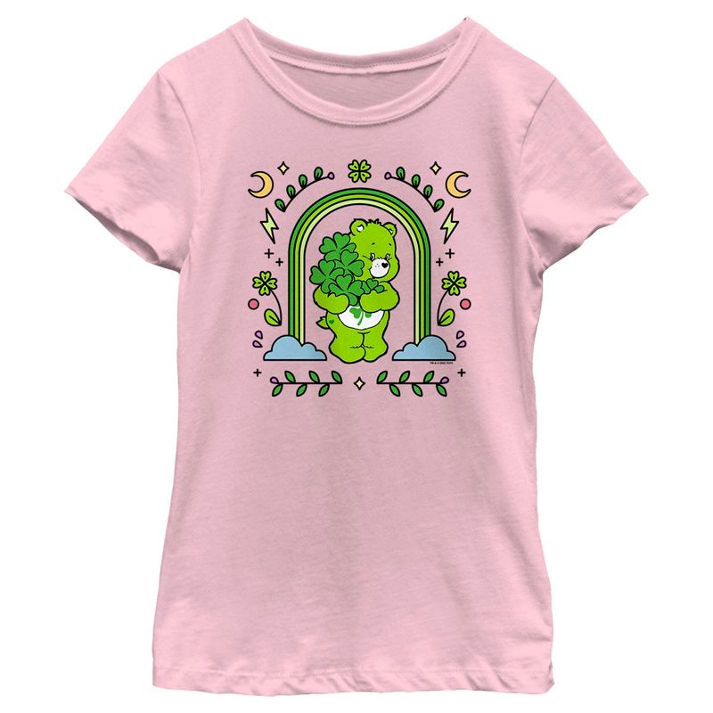 Girl's Care Bears St. Patrick's Day Good Luck Bear Green Rainbow Arch T-Shirt, 1 of 5