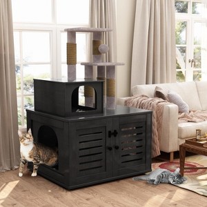 Hooseng Cat Tree with Litter Box Enclosure, Cat Litter Box Enclosure with Scratching Post and Soft Plush Perch, Wooden Cat Tree - 1 of 4