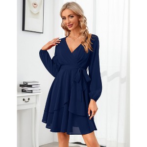 Clearlove Women Mini Dress  Wrap V Neck Long Sleeve Waist Tie Dress Layerd Flowy Flutter Skater Dress - 1 of 4