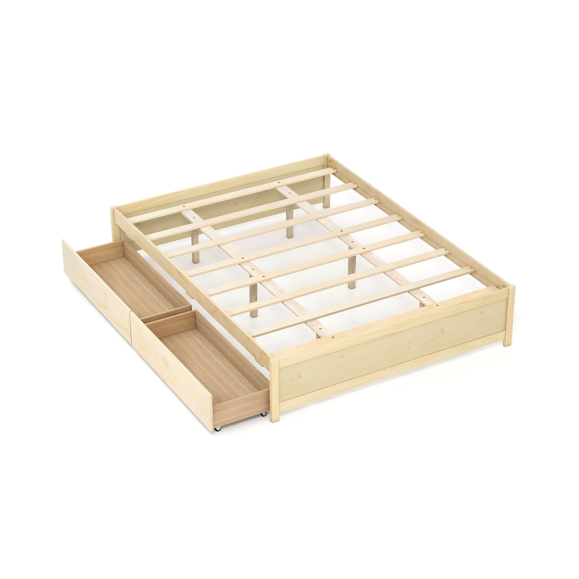 Costway Queen Size Wooden Bed Frame with 2 Rolling Storage Drawers Wood Slat Support Natural