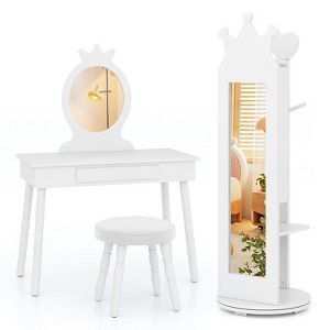 Tangkula Kids Vanity & Jewelry Armoire Cabinet Wooden Kids Vanity Table and Chair Set 360° Swivel Standing Jewelry Organizer with Full-Length Mirror - 1 of 4