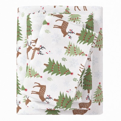 100% Cotton Lodge Printed Flannel Sheet Set - Great Bay Home (Queen, Deer, Trees, & Snow)