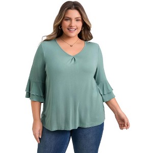 Women's Plus Size V Neck Pleated Front Double Layered 3/4 Ruffle Sleeve Casual Summer Blouses - GRACE & GRANDEUR - 1 of 4