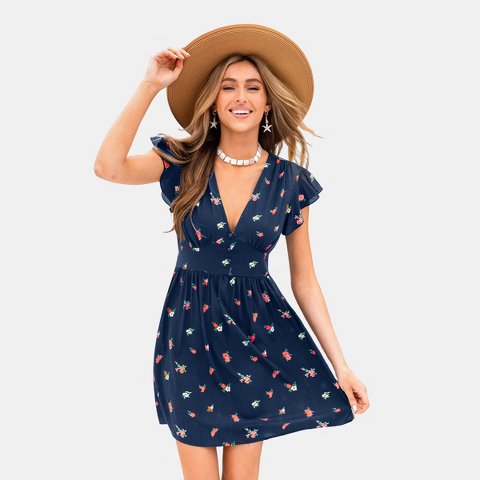 Женские платья Cupshe Women's Cute High Waist A-Line Floral Print Mini Dress-M-Blue