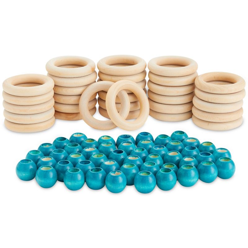 Bright Creations 80 Pcs Unfinished Wood Beads and Wooden Rings for Macrame, DIY Arts & Crafts Supplies, Teal, 1 of 9
