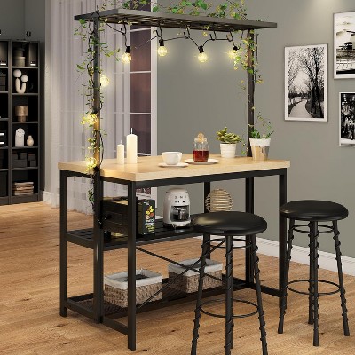 Kitchen Island, Bakers Rack Microwave Stand with 3-Tier Storage, 5 S-Hooks, Metal Coffee Bar Table, Multi-Purpose Shelf with Extra-Thick Tabletop