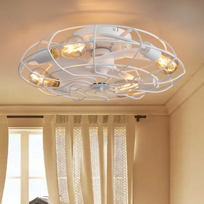 Ludomide 21" White Caged Ceiling Fan with Light and Remote, Industrial Low Profile Fan for Bedroom Farmhouse