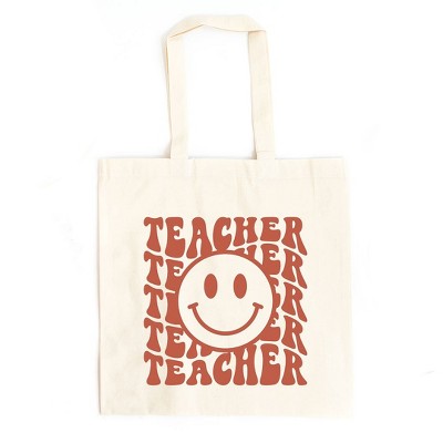 City Creek Prints Teacher Smiley Face Wavy Canvas Tote Bag - 15x16 - Natural