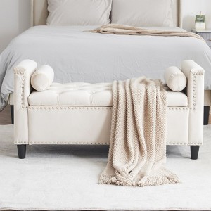 CAVINAS Storage Bench Velvet Button Bedside Bench with Armrests Nailhead Trim - 1 of 4
