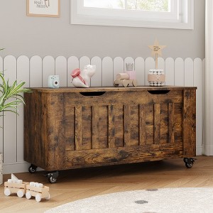 Garvee Storage Chest, Storage Trunk With 4 Wheels,39.4'' Wooden Storage Bench With 2 Safety Hinges,Entryway Bench With Storage for Living Room,Brown - 1 of 4
