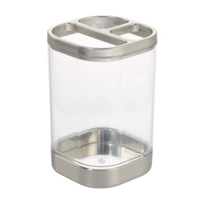 iDESIGN Ilese Toothbrush Holder Clear/Brushed Nickel: Bathroom Organizer for Toothpaste, Plastic Storage