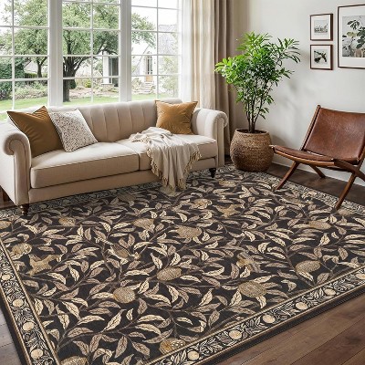 Washable Area Rug - Thin Low Pile, Farmhouse Botanical Print, Large Living Room/Dining Room/Bedroom Carpet