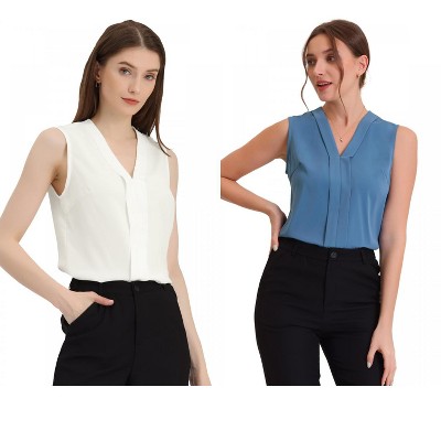 INSPIRE CHIC Women's Pleated V Neck Solid Work Sleeveless Blouse 2 Packs