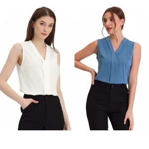 INSPIRE CHIC Women's Pleated V Neck Solid Work Sleeveless Blouse 2 Packs - 1 of 4