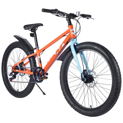 Aukfa 24" Fat Tire Mountain Bike for Kids 10+ - 7-Speed, Dual Disc Brakes, Steel Frame, All-Terrain Bike for Snow, Sand and Trails