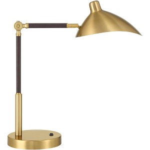 360 Lighting Colborne 28" Tall Mid Century Modern Desk Lamp USB Port Gold Brown Leather Wrap Brass Metal Single Home Office Living Room Charging - 1 of 4