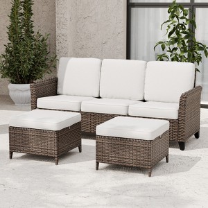 EAGLE PEAK Ocean Vista 3 piece Outdoor Wicker Couch Sofa, Variated Wicker Conversation 3-Seat Sofa Set with Ottomans - 1 of 4