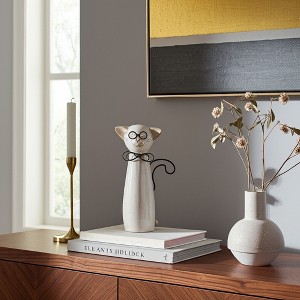 Sagebrook Home Cat with Glasses Sculpture - Contemporary Ceramic White Cat Statue with Black and Beige Accents for Home - 1 of 4