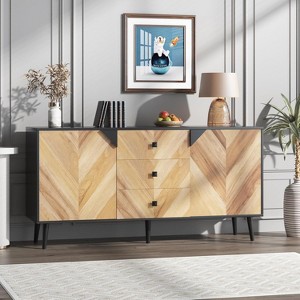 GustoWave 55.1" 3 Drawer Cabinet with Adjustable Shelves and Doors with Storage, Black + Walnut Grain - 1 of 4