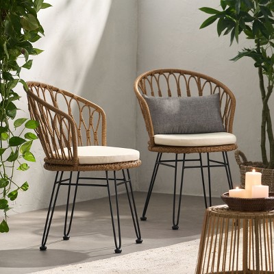 Boho Industrial Outdoor Dining Chairs - Set of 2, PE Rattan Wicker with Cushions, Weather-Resistant-Coolbibila