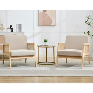 2PCS Mid Century Modern Accent Chair, Comfy Chairs with Sturdy Wood Legs, Rattan Backrest & Beige Thick Linen Cushion,for Bedroom Balcony - 1 of 4