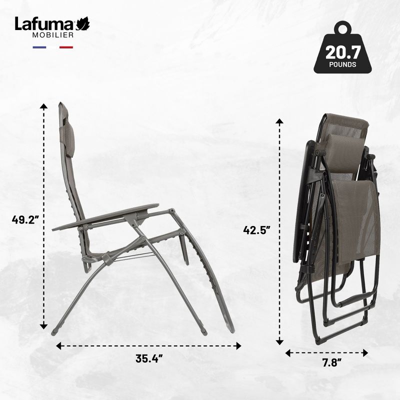 Lafuma Futura XL Zero Gravity Portable Ergonomic Outdoor Steel Framed Lawn Patio Recliner Folding Lounge Chair with Headrest Cushion, Graphite, 3 of 7